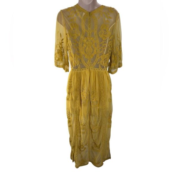 Wishlist Boutique Mustard Yellow Boho Plunge Neck Lace Overlay Romper Maxi Dress - Picture 4 of 6